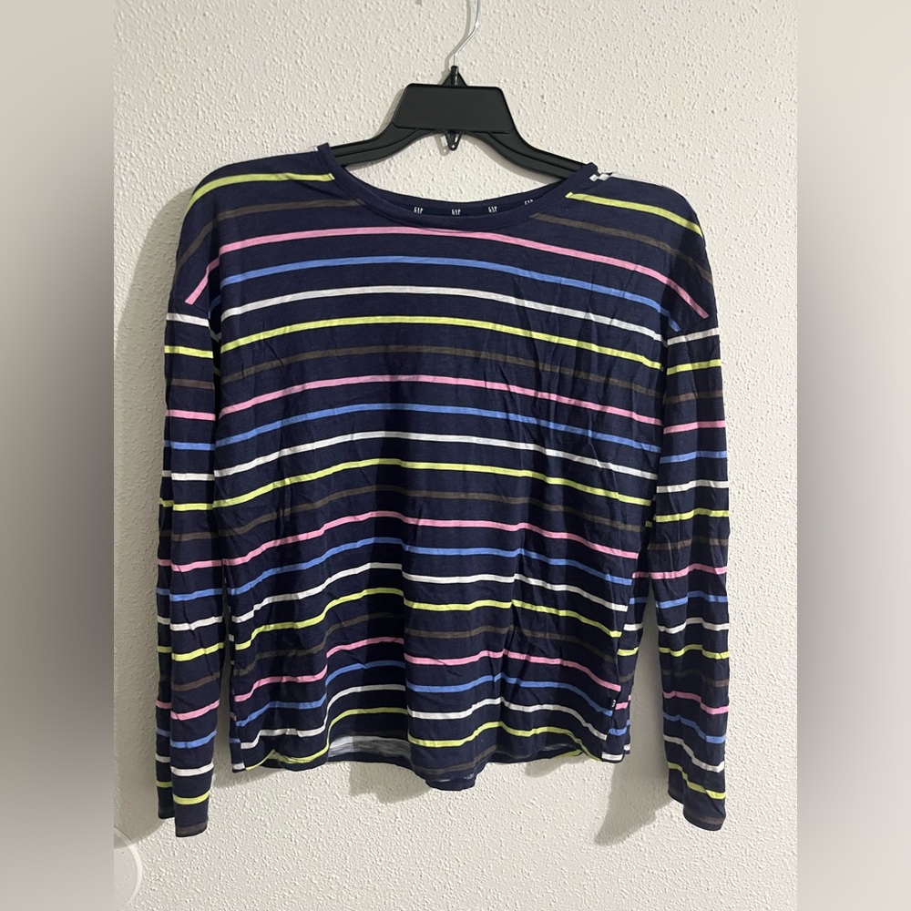 GAP Navy Striped Long Sleeve Tee with Pink, Blue & Neon Yellow Accents